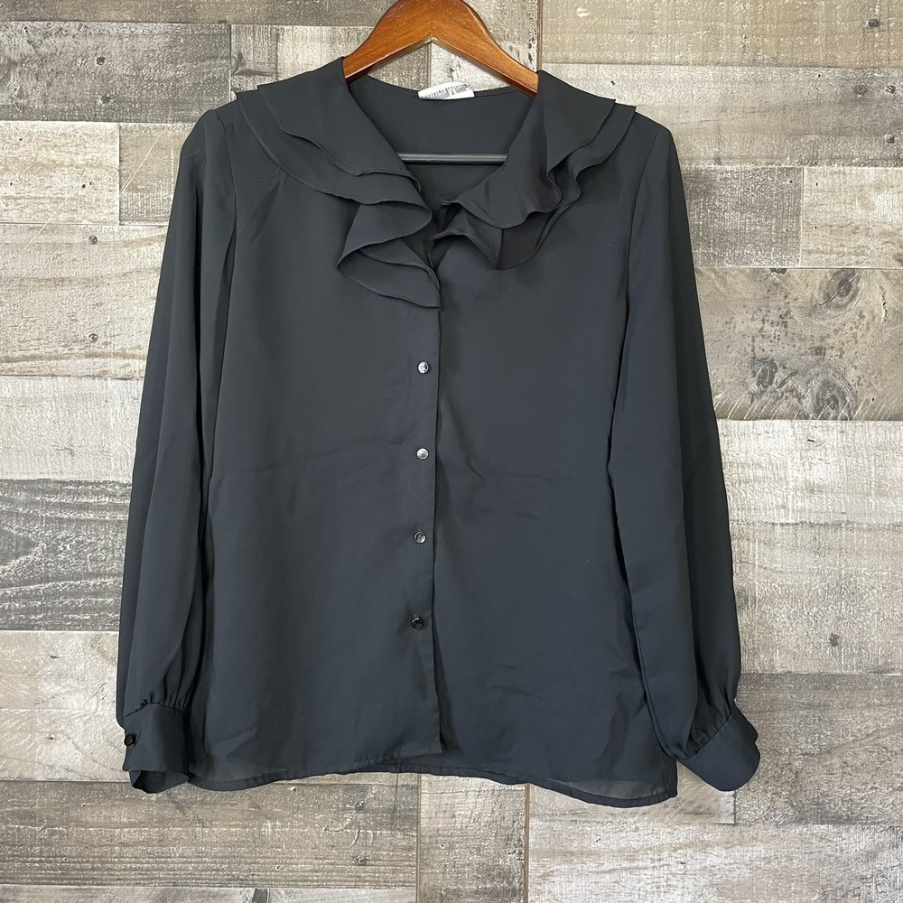 Vtg Laura Mae Womens S M Blouse Black Sheer Button Up Long Sleeve Ruffle Pads